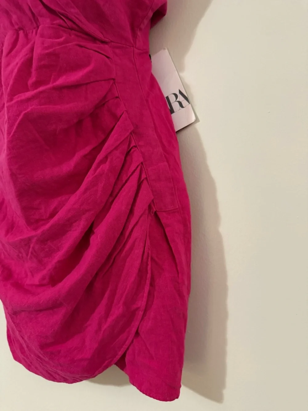 Zara Fuchsia Pink Ruched Wrap Mini Dress Linen Blend Strappy V Neck NWT Medium - Picture 4 of 16